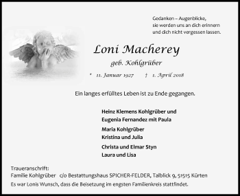 Anzeige von Loni Macherey von Kölner Stadt-Anzeiger / Kölnische Rundschau / Express