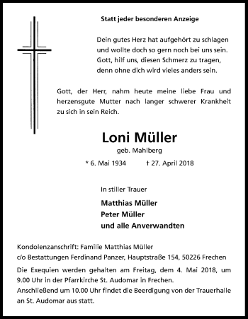 Anzeige von Loni Müller von Kölner Stadt-Anzeiger / Kölnische Rundschau / Express