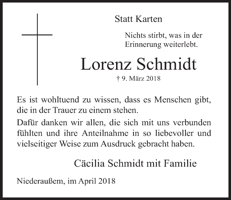  Traueranzeige für Lorenz Schmidt vom 18.04.2018 aus  Werbepost 