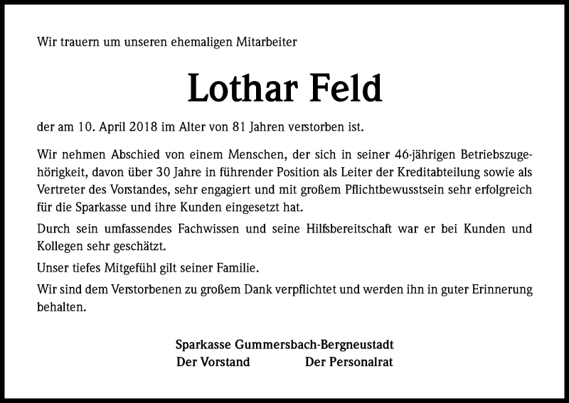  Traueranzeige für Lothar Feld vom 13.04.2018 aus Kölner Stadt-Anzeiger / Kölnische Rundschau / Express