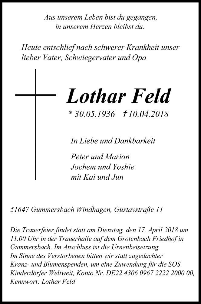  Traueranzeige für Lothar Feld vom 14.04.2018 aus Kölner Stadt-Anzeiger / Kölnische Rundschau / Express