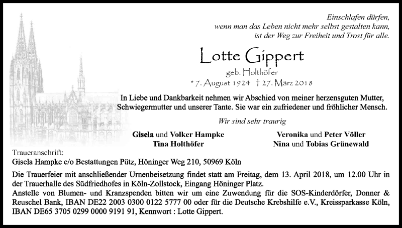  Traueranzeige für Lotte Gippert vom 07.04.2018 aus Kölner Stadt-Anzeiger / Kölnische Rundschau / Express
