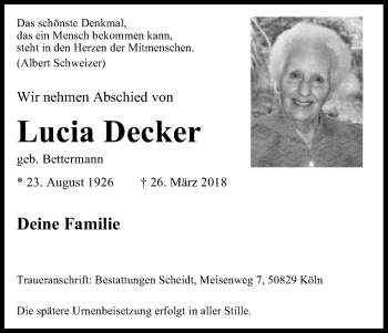 Anzeige von Lucia Decker von Kölner Stadt-Anzeiger / Kölnische Rundschau / Express