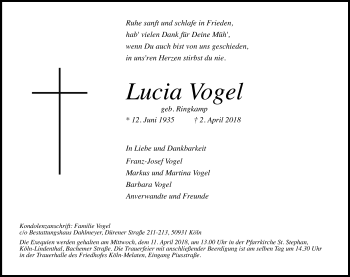 Anzeige von Lucia Vogel von Kölner Stadt-Anzeiger / Kölnische Rundschau / Express