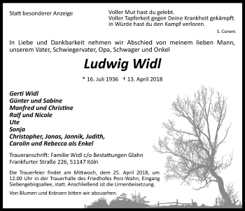 Anzeige von Ludwig Widl von  Kölner Wochenspiegel 