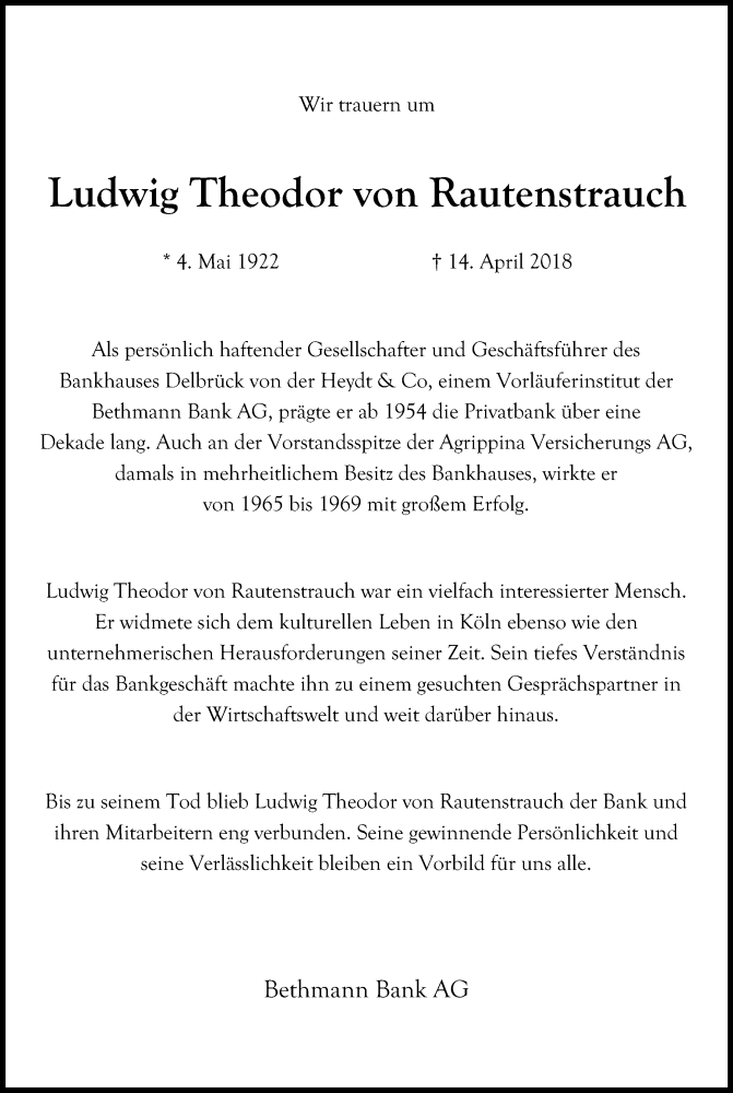  Traueranzeige für Ludwig Theodor von Rautenstrauch vom 25.04.2018 aus Kölner Stadt-Anzeiger / Kölnische Rundschau / Express