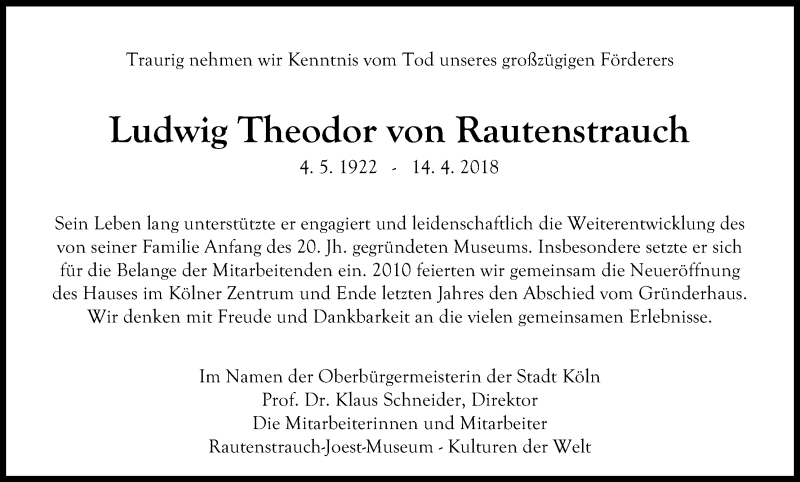  Traueranzeige für Ludwig Theodor von Rautenstrauch vom 21.04.2018 aus Kölner Stadt-Anzeiger / Kölnische Rundschau / Express