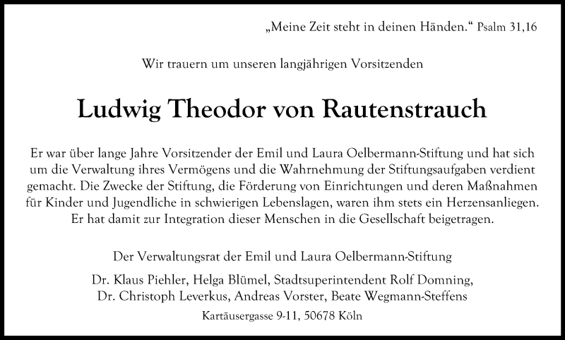  Traueranzeige für Ludwig Theodor von Rautenstrauch vom 21.04.2018 aus Kölner Stadt-Anzeiger / Kölnische Rundschau / Express