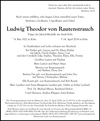 Anzeige von Ludwig Theodor von Rautenstrauch von Kölner Stadt-Anzeiger / Kölnische Rundschau / Express