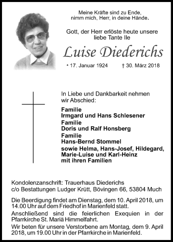 Anzeige von Luise Diederichs von Kölner Stadt-Anzeiger / Kölnische Rundschau / Express