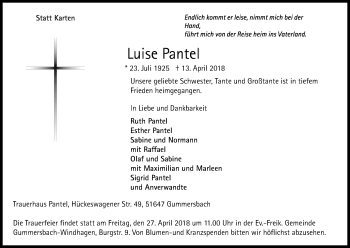 Anzeige von Luise Pantel von Kölner Stadt-Anzeiger / Kölnische Rundschau / Express