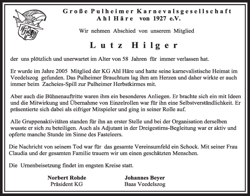  Traueranzeige für Lutz Hilger vom 21.04.2018 aus  Sonntags-Post 