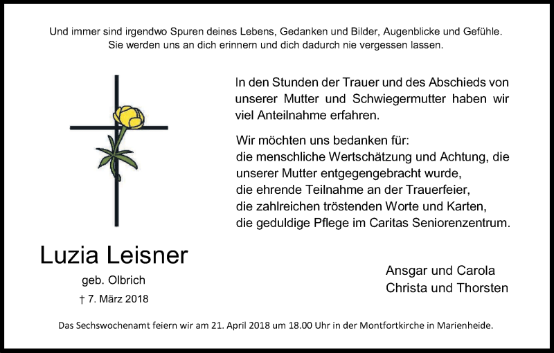 Traueranzeige für Luzia Leisner vom 21.04.2018 aus Kölner Stadt-Anzeiger / Kölnische Rundschau / Express