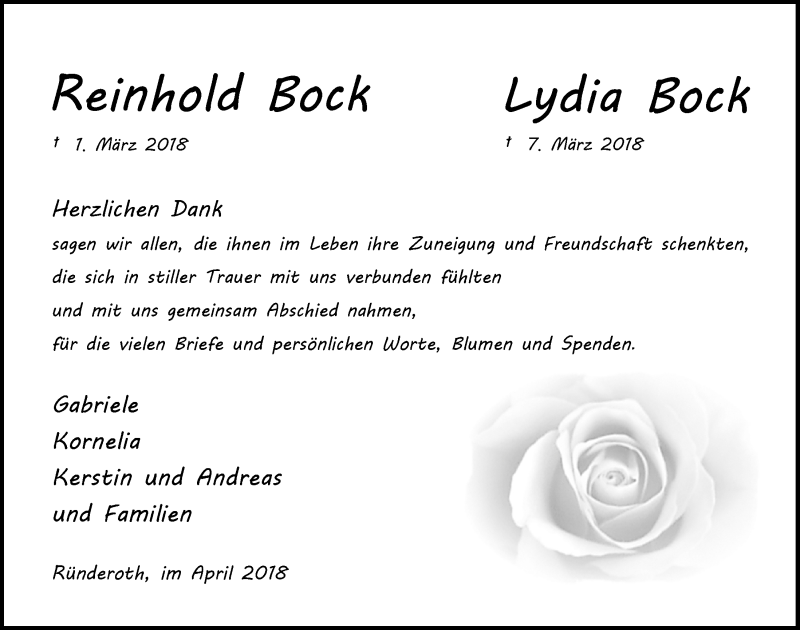  Traueranzeige für Lydia Bock vom 25.04.2018 aus  Anzeigen Echo 