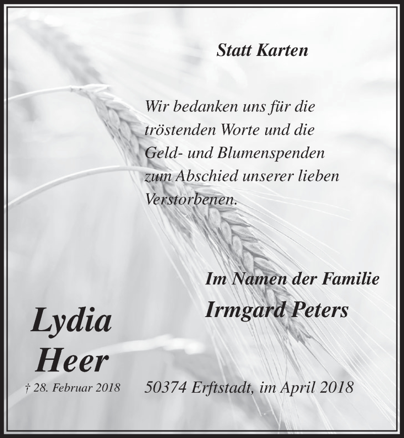  Traueranzeige für Lydia Heer vom 28.04.2018 aus  Sonntags-Post 