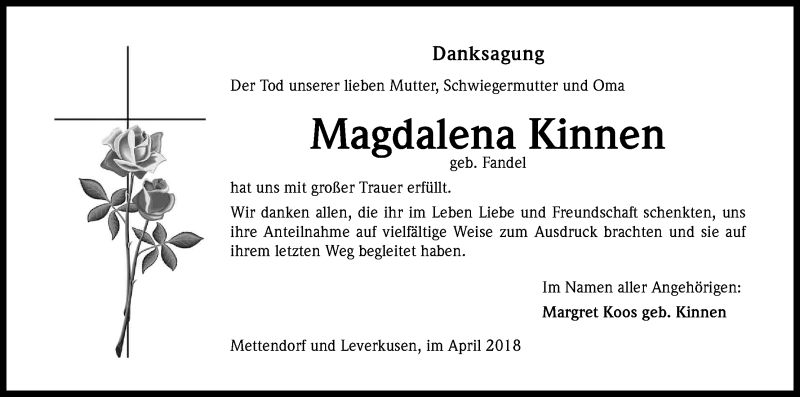  Traueranzeige für Magdalena Kinnen vom 07.04.2018 aus Kölner Stadt-Anzeiger / Kölnische Rundschau / Express