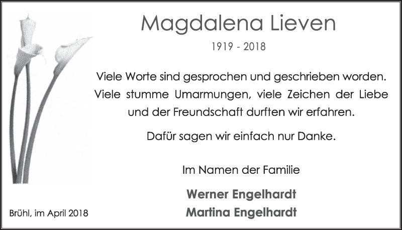  Traueranzeige für Magdalena Lieven vom 11.04.2018 aus  Schlossbote/Werbekurier 