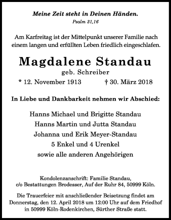 Anzeige von Magdalene Standau von Kölner Stadt-Anzeiger / Kölnische Rundschau / Express