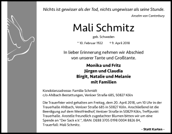 Anzeige von Mali Schmitz von Kölner Stadt-Anzeiger / Kölnische Rundschau / Express