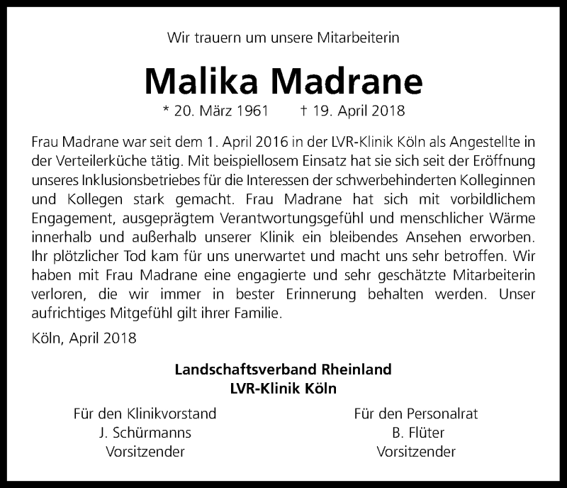  Traueranzeige für Malika Madrane vom 28.04.2018 aus Kölner Stadt-Anzeiger / Kölnische Rundschau / Express