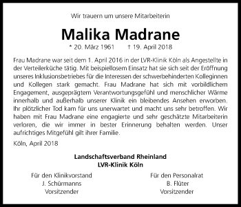 Anzeige von Malika Madrane von Kölner Stadt-Anzeiger / Kölnische Rundschau / Express