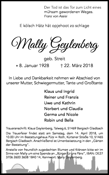 Anzeige von Mally Geylenberg von Kölner Stadt-Anzeiger / Kölnische Rundschau / Express