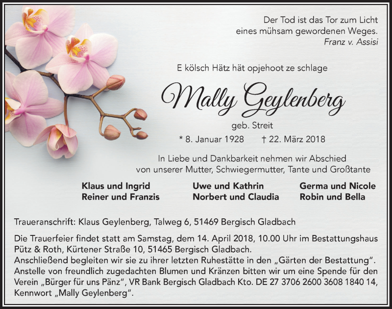  Traueranzeige für Mally Geylenberg vom 07.04.2018 aus  Bergisches Sonntagsblatt 