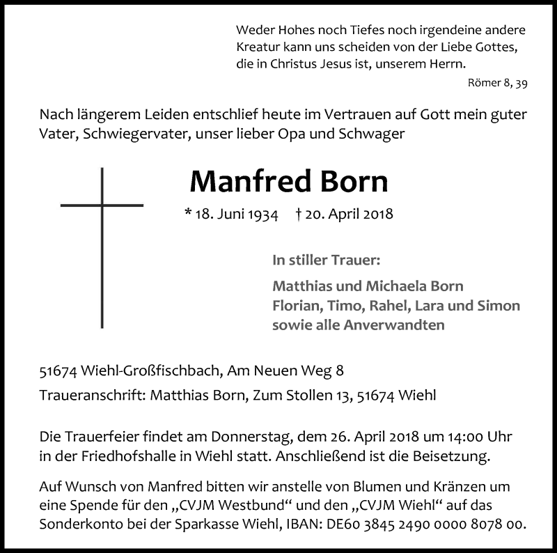  Traueranzeige für Manfred Born vom 24.04.2018 aus Kölner Stadt-Anzeiger / Kölnische Rundschau / Express