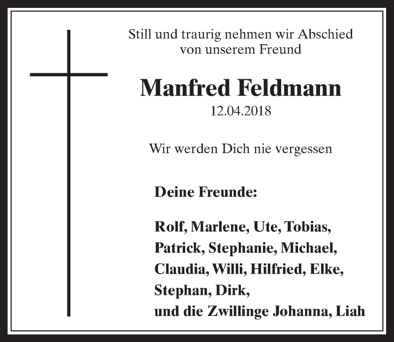  Traueranzeige für Manfred Feldmann vom 18.04.2018 aus  Werbepost 