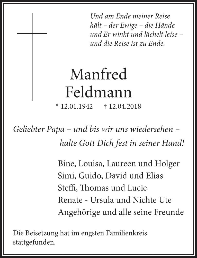  Traueranzeige für Manfred Feldmann vom 21.04.2018 aus  Sonntags-Post 