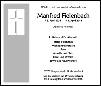Anzeige von Manfred Fielenbach von Kölner Stadt-Anzeiger / Kölnische Rundschau / Express