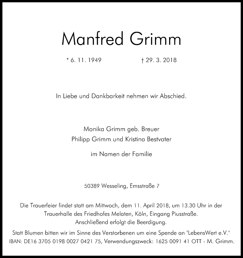  Traueranzeige für Manfred Grimm vom 07.04.2018 aus Kölner Stadt-Anzeiger / Kölnische Rundschau / Express