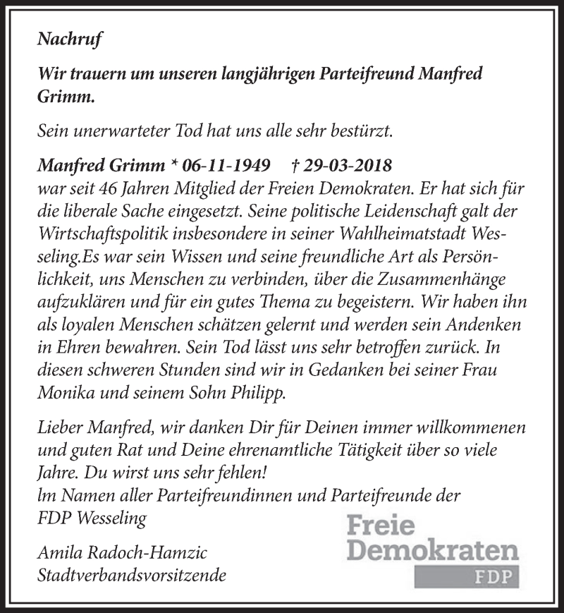  Traueranzeige für Manfred Grimm vom 11.04.2018 aus  Schlossbote/Werbekurier 