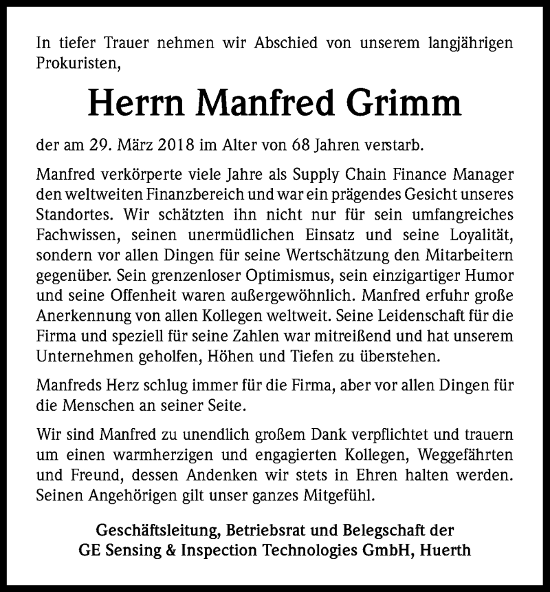  Traueranzeige für Manfred Grimm vom 07.04.2018 aus Kölner Stadt-Anzeiger / Kölnische Rundschau / Express