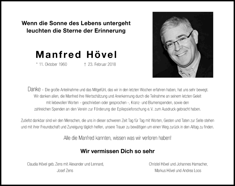  Traueranzeige für Manfred Hövel vom 28.04.2018 aus Kölner Stadt-Anzeiger / Kölnische Rundschau / Express