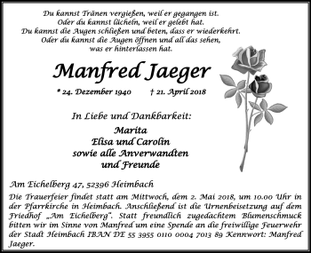 Anzeige von Manfred Jaeger von Kölner Stadt-Anzeiger / Kölnische Rundschau / Express