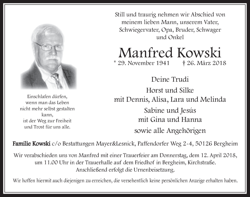  Traueranzeige für Manfred Kowski vom 04.04.2018 aus  Werbepost 