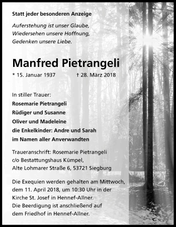 Anzeige von Manfred Pietrangeli von Kölner Stadt-Anzeiger / Kölnische Rundschau / Express