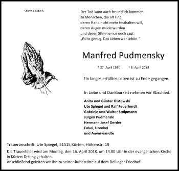 Anzeige von Manfred Pudmensky von Kölner Stadt-Anzeiger / Kölnische Rundschau / Express