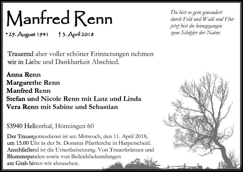  Traueranzeige für Manfred Renn vom 07.04.2018 aus Kölner Stadt-Anzeiger / Kölnische Rundschau / Express