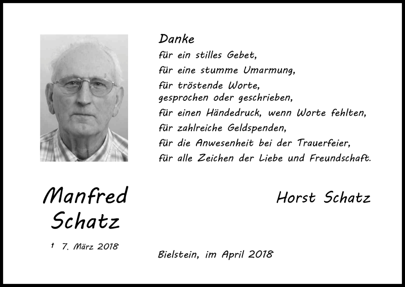  Traueranzeige für Manfred Schatz vom 21.04.2018 aus Kölner Stadt-Anzeiger / Kölnische Rundschau / Express