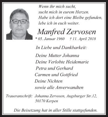 Anzeige von Manfred Zervosen von  Werbepost 