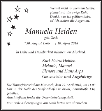 Anzeige von Manuela Heiden von  Schlossbote/Werbekurier 