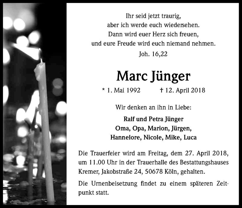  Traueranzeige für Marc Jünger vom 21.04.2018 aus Kölner Stadt-Anzeiger / Kölnische Rundschau / Express