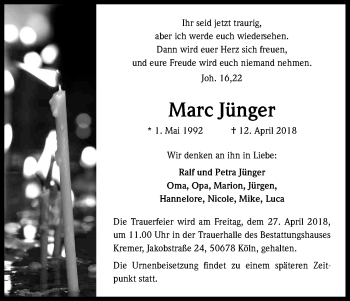 Anzeige von Marc Jünger von Kölner Stadt-Anzeiger / Kölnische Rundschau / Express