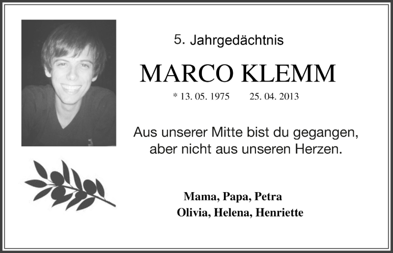  Traueranzeige für Marco Klemm vom 25.04.2018 aus  Anzeigen Echo 