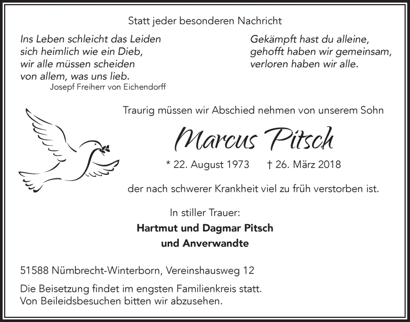  Traueranzeige für Marcus Pitsch vom 04.04.2018 aus  Anzeigen Echo  Lokalanzeiger 