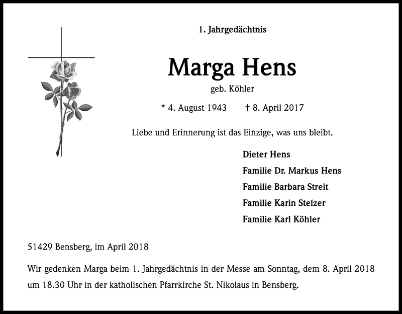  Traueranzeige für Marga Hens vom 03.04.2018 aus Kölner Stadt-Anzeiger / Kölnische Rundschau / Express