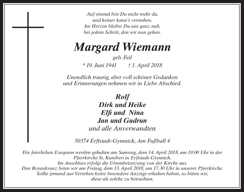  Traueranzeige für Margard Wiemann vom 11.04.2018 aus  Werbepost 