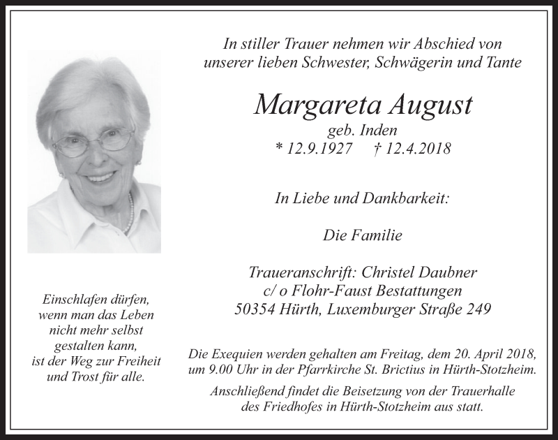  Traueranzeige für Margareta August vom 18.04.2018 aus  Wochenende 